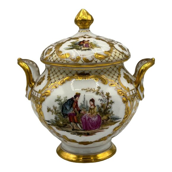 Antique Dresden Ohme Germany Creamer & Sugar Hand Painted Watteau Scenes Gold - Picture 13 of 16